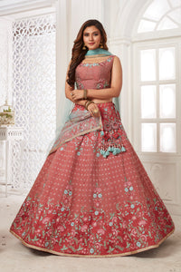 Shop gorgeous rose pink embroidered lehenga online in USA with dupatta. Dazzle at weddings and parties in exquisite Indian designerwear dresses, designer lehengas, Anarkali suits, gowns, palazzo suits, sharara suits from Pure Elegance Indian fashion store in USA.-full view