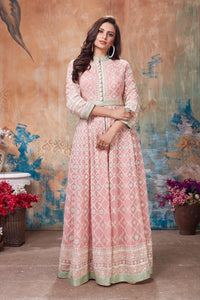 Buy gorgeous light pink embroidered floorlength Anarkali suit online in USA. Get set for weddings and festive occasions in exclusive designer Anarkali suits, wedding gown, salwar suits, gharara suits, Indowestern dresses from Pure Elegance Indian fashion store in USA.-full view