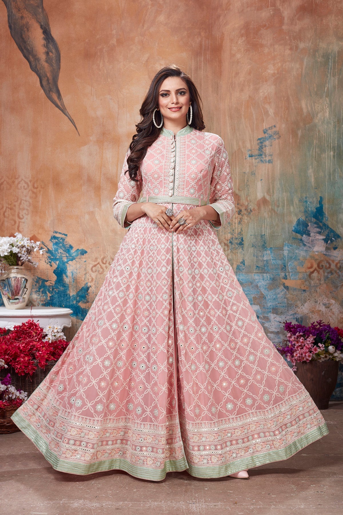 Buy gorgeous light pink embroidered floorlength Anarkali suit online in USA. Get set for weddings and festive occasions in exclusive designer Anarkali suits, wedding gown, salwar suits, gharara suits, Indowestern dresses from Pure Elegance Indian fashion store in USA.-front