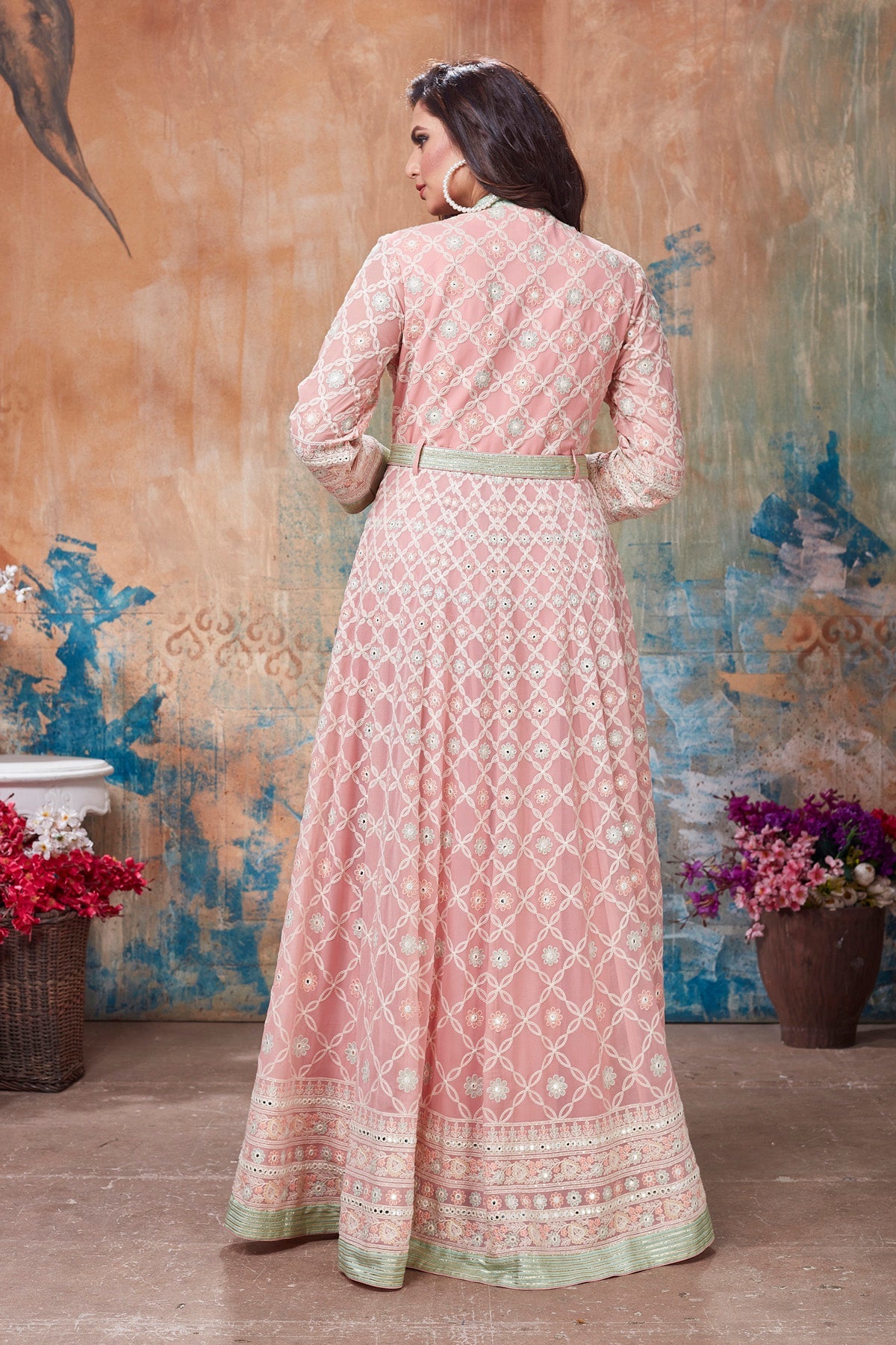Buy gorgeous light pink embroidered floorlength Anarkali suit online in USA. Get set for weddings and festive occasions in exclusive designer Anarkali suits, wedding gown, salwar suits, gharara suits, Indowestern dresses from Pure Elegance Indian fashion store in USA.-back