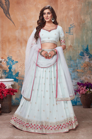Shop stunning white embroidered lehenga online in USA with dupatta. Get set for weddings and festive occasions in exclusive designer Anarkali suits, wedding gown, salwar suits, gharara suits, Indowestern dresses from Pure Elegance Indian fashion store in USA.-front