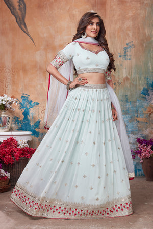 Shop stunning white embroidered lehenga online in USA with dupatta. Get set for weddings and festive occasions in exclusive designer Anarkali suits, wedding gown, salwar suits, gharara suits, Indowestern dresses from Pure Elegance Indian fashion store in USA.-right