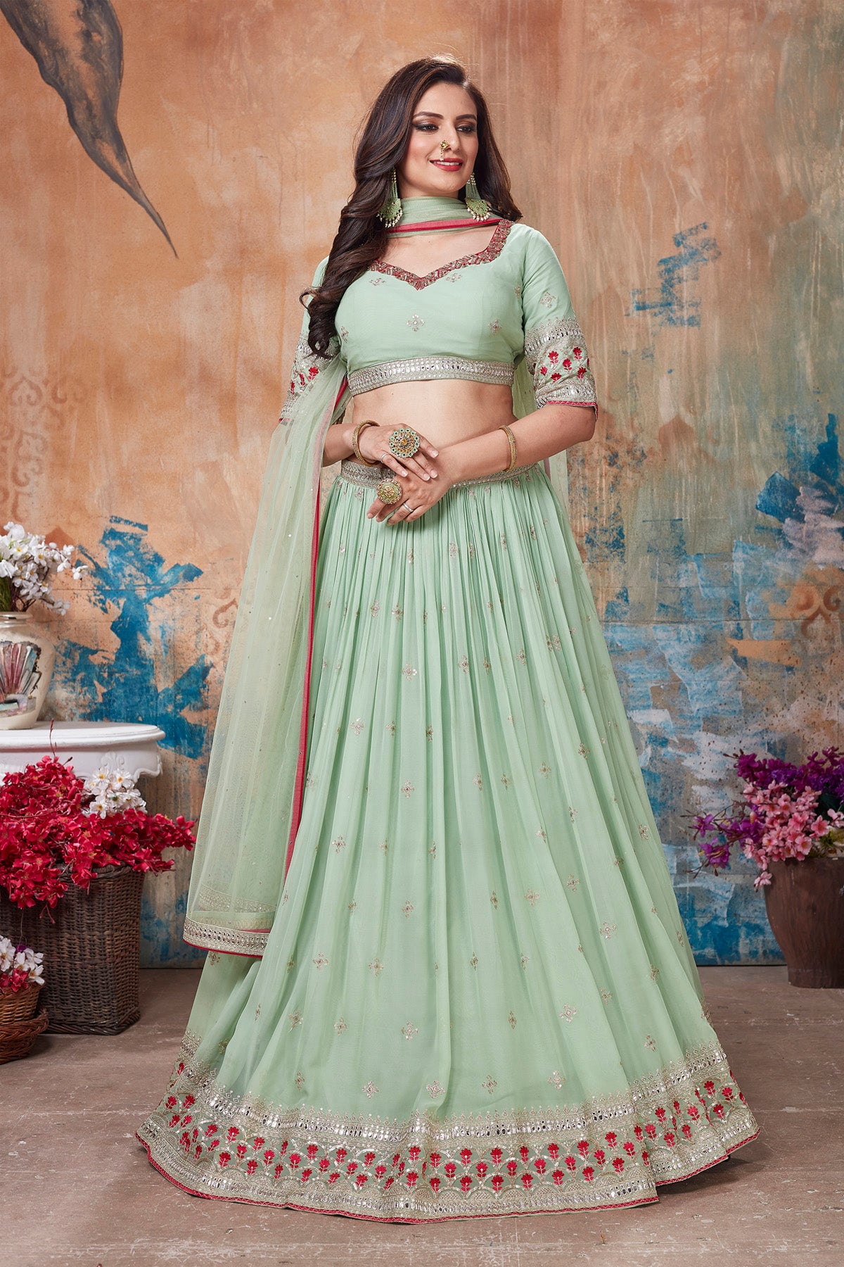 Shop beautiful pista green embroidered lehenga online in USA with dupatta. Get set for weddings and festive occasions in exclusive designer Anarkali suits, wedding gown, salwar suits, gharara suits, Indowestern dresses from Pure Elegance Indian fashion store in USA.-full view