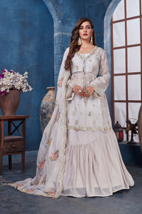 Shop beautiful white embroidered kurta online in USA with skirt and dupatta. Get set for weddings and festive occasions in exclusive designer Anarkali suits, wedding gown, salwar suits, gharara suits, Indowestern dresses from Pure Elegance Indian fashion store in USA.-full view