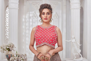 Buy gorgeous pink and beige embroidered lehenga online in USA with dupatta. Get set for weddings and festive occasions in exclusive designer Anarkali suits, wedding gown, salwar suits, gharara suits, Indowestern dresses from Pure Elegance Indian fashion store in USA.-closeup