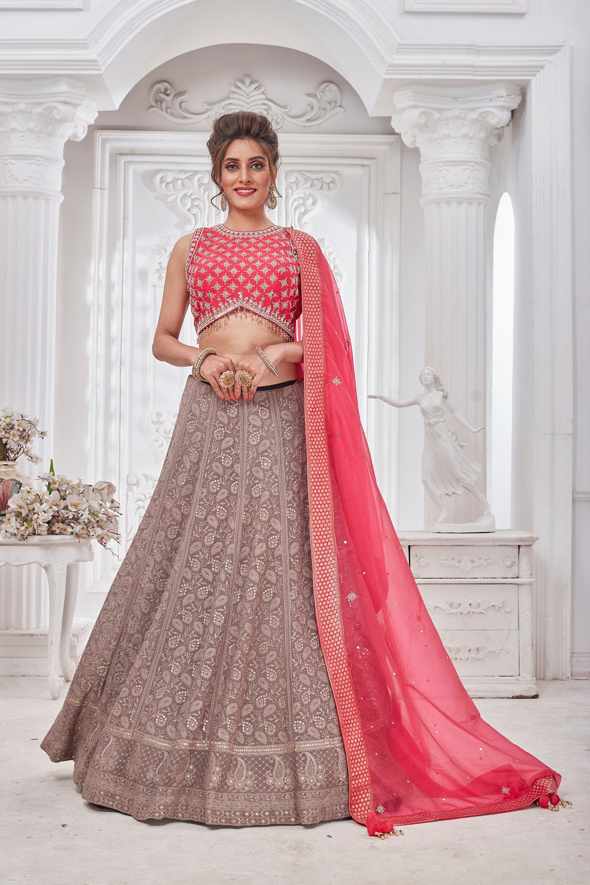 Buy gorgeous pink and beige embroidered lehenga online in USA with dupatta. Get set for weddings and festive occasions in exclusive designer Anarkali suits, wedding gown, salwar suits, gharara suits, Indowestern dresses from Pure Elegance Indian fashion store in USA.-full view
