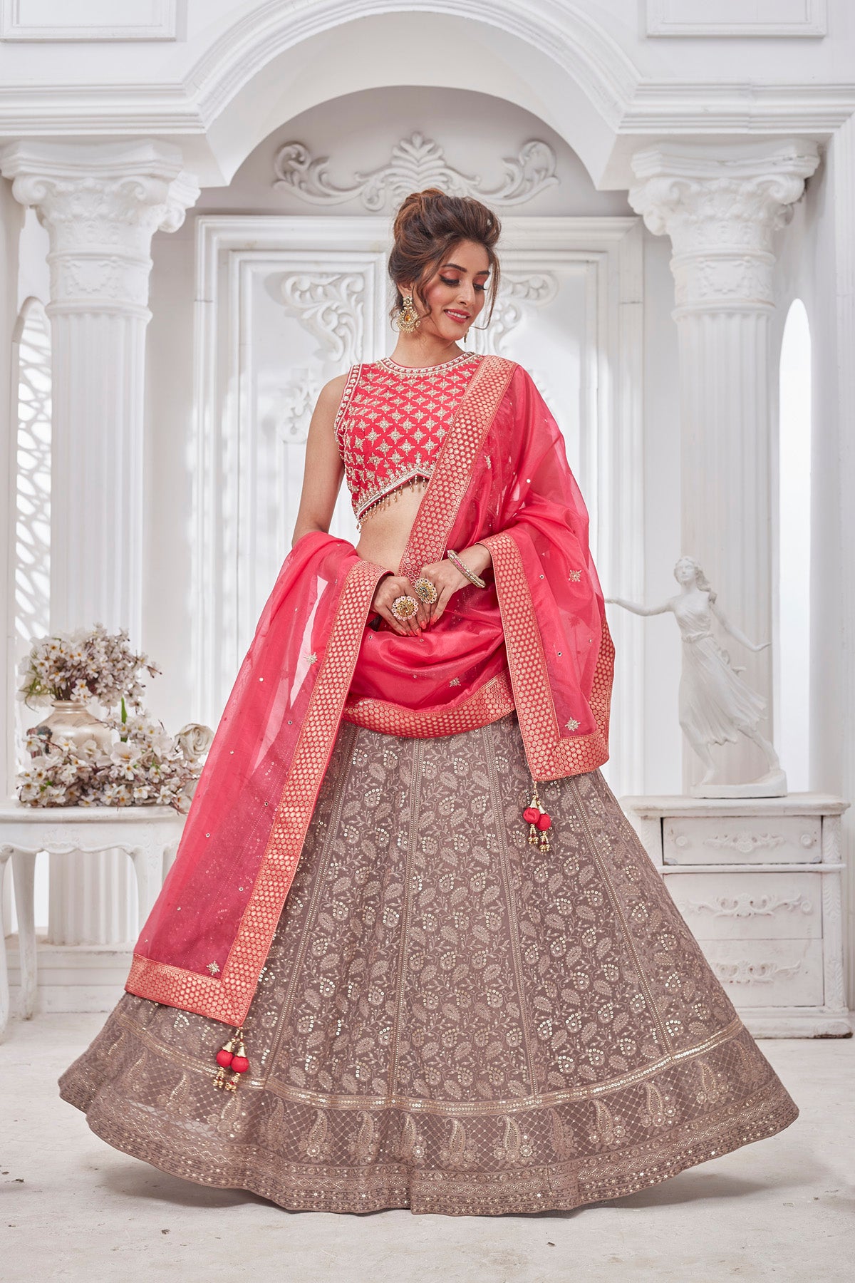 Buy gorgeous pink and beige embroidered lehenga online in USA with dupatta. Get set for weddings and festive occasions in exclusive designer Anarkali suits, wedding gown, salwar suits, gharara suits, Indowestern dresses from Pure Elegance Indian fashion store in USA.-front