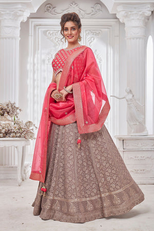Buy gorgeous pink and beige embroidered lehenga online in USA with dupatta. Get set for weddings and festive occasions in exclusive designer Anarkali suits, wedding gown, salwar suits, gharara suits, Indowestern dresses from Pure Elegance Indian fashion store in USA.-right