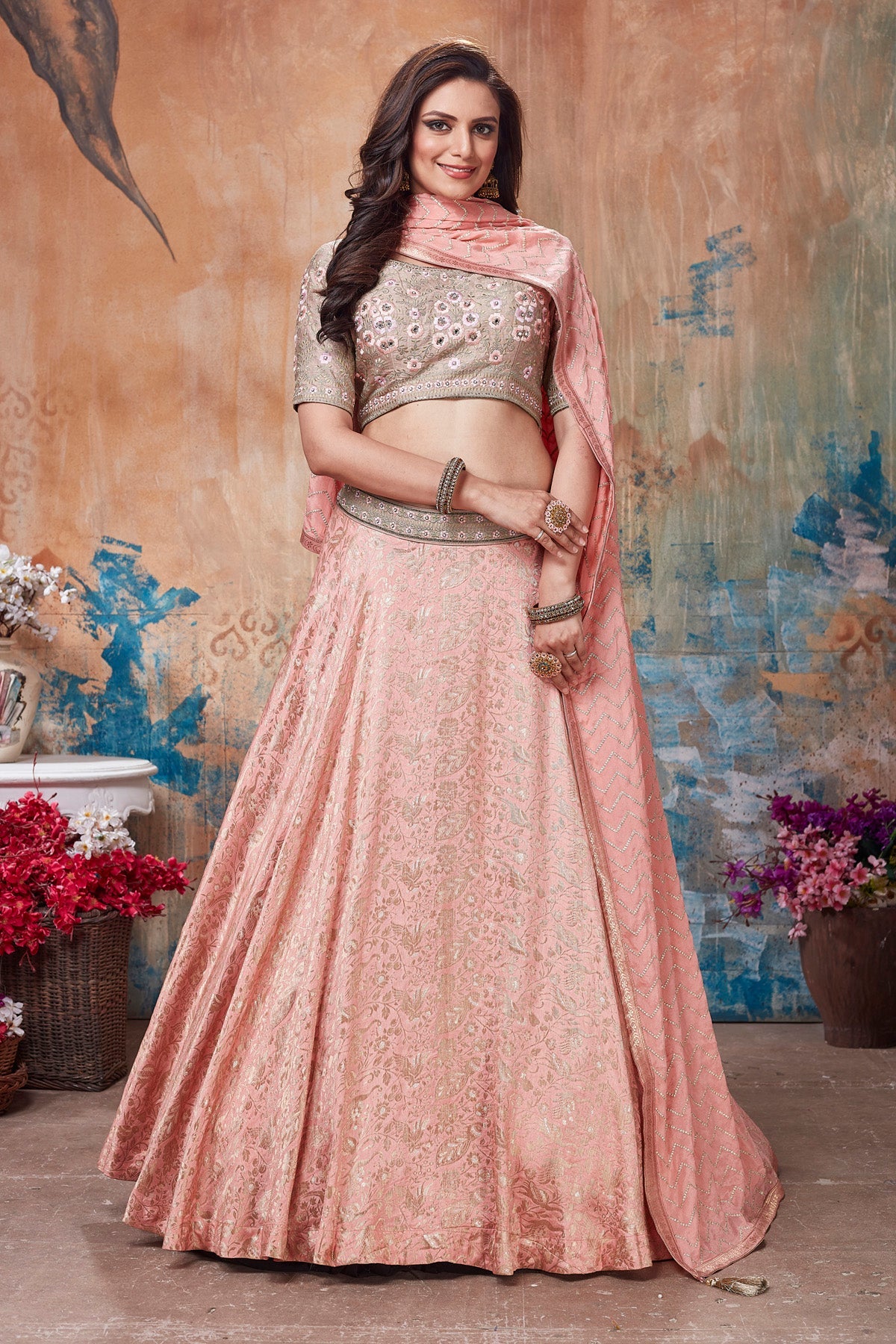 Buy stunning peach and beige embroidered designer lehenga online in USA with dupatta. Get set for weddings and festive occasions in exclusive designer Anarkali suits, wedding gown, salwar suits, gharara suits, Indowestern dresses from Pure Elegance Indian fashion store in USA.-front