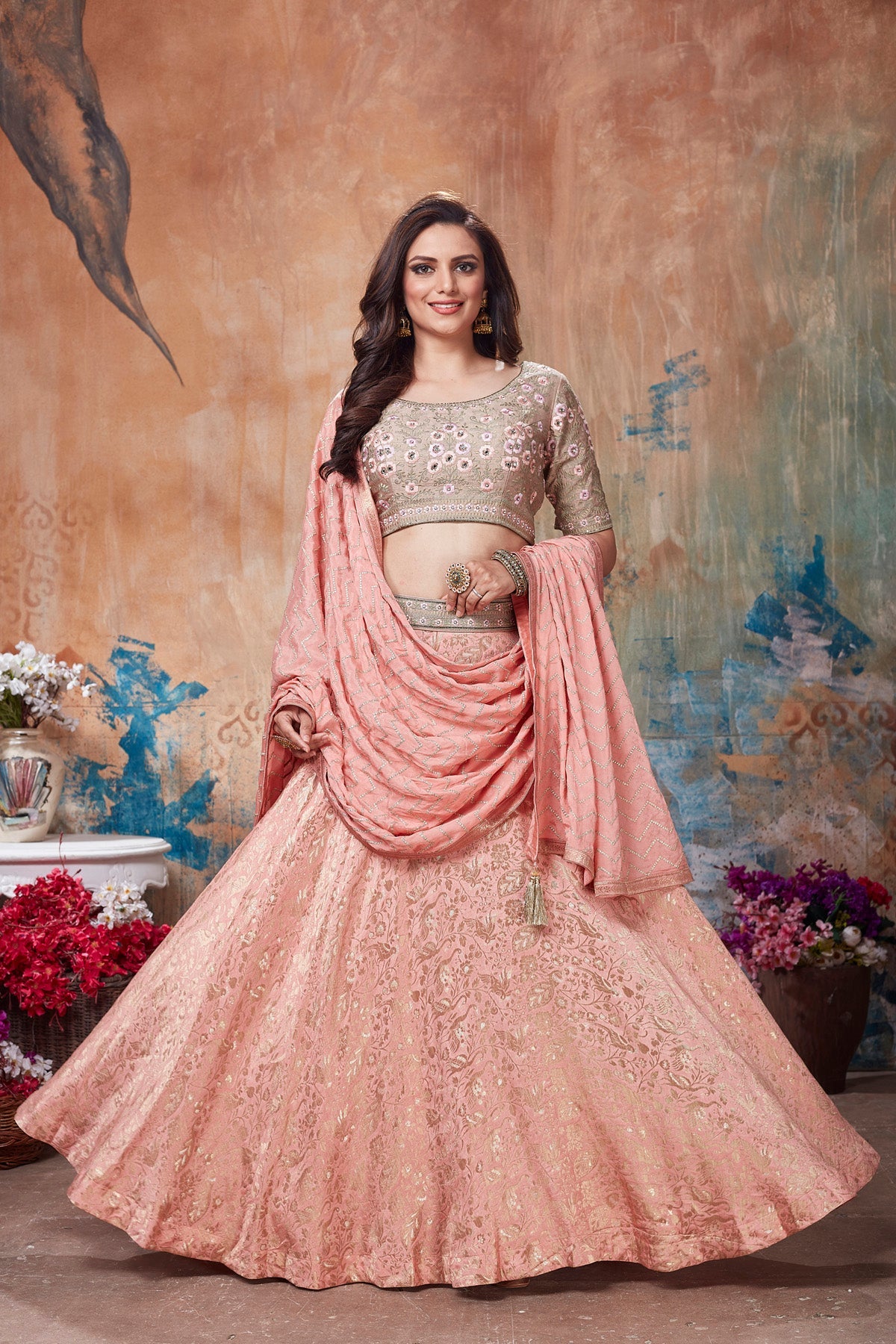 Buy stunning peach and beige embroidered designer lehenga online in USA with dupatta. Get set for weddings and festive occasions in exclusive designer Anarkali suits, wedding gown, salwar suits, gharara suits, Indowestern dresses from Pure Elegance Indian fashion store in USA.-full view