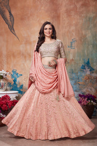 Buy stunning peach and beige embroidered designer lehenga online in USA with dupatta. Get set for weddings and festive occasions in exclusive designer Anarkali suits, wedding gown, salwar suits, gharara suits, Indowestern dresses from Pure Elegance Indian fashion store in USA.-full view