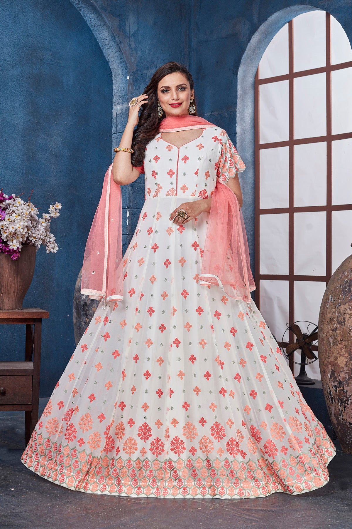 Buy gorgeous white embroidered floorlength Anarkali online in USA with dupatta. Get set for weddings and festive occasions in exclusive designer Anarkali suits, wedding gown, salwar suits, gharara suits, Indowestern dresses from Pure Elegance Indian fashion store in USA.-dupatta