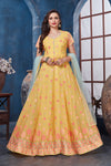Buy gorgeous yellow embroidered floorlength Anarkali online in USA with dupatta. Get set for weddings and festive occasions in exclusive designer Anarkali suits, wedding gown, salwar suits, gharara suits, Indowestern dresses from Pure Elegance Indian fashion store in USA.-full view