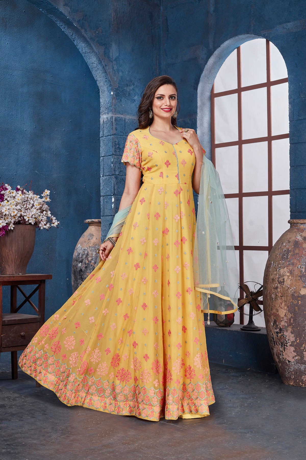 Buy gorgeous yellow embroidered floorlength Anarkali online in USA with dupatta. Get set for weddings and festive occasions in exclusive designer Anarkali suits, wedding gown, salwar suits, gharara suits, Indowestern dresses from Pure Elegance Indian fashion store in USA.-right