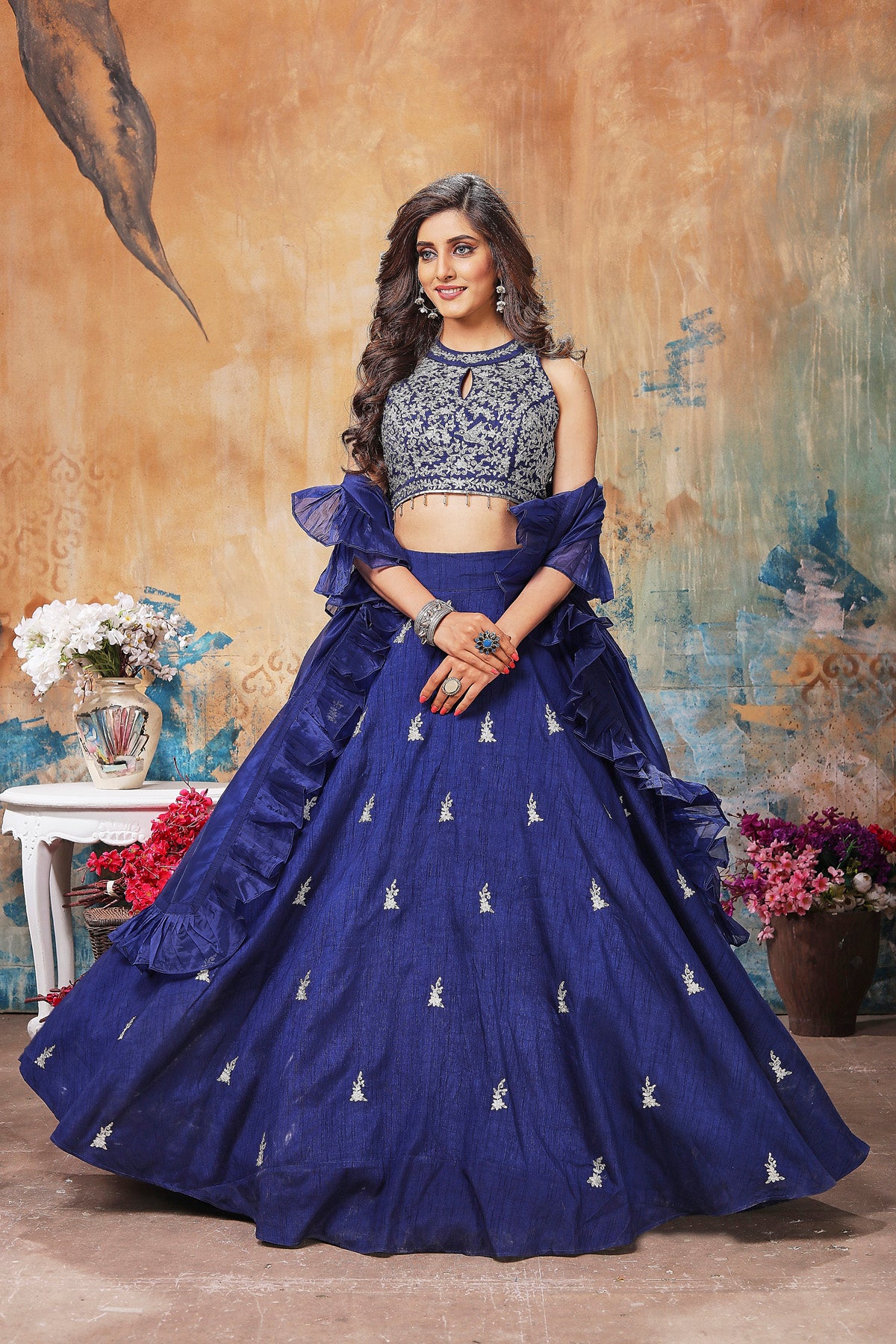 Buy gorgeous blue designer lehenga online in USA with ruffle dupatta. Get set for weddings and festive occasions in exclusive designer Anarkali suits, wedding gown, salwar suits, gharara suits, Indowestern dresses from Pure Elegance Indian fashion store in USA.-skirt