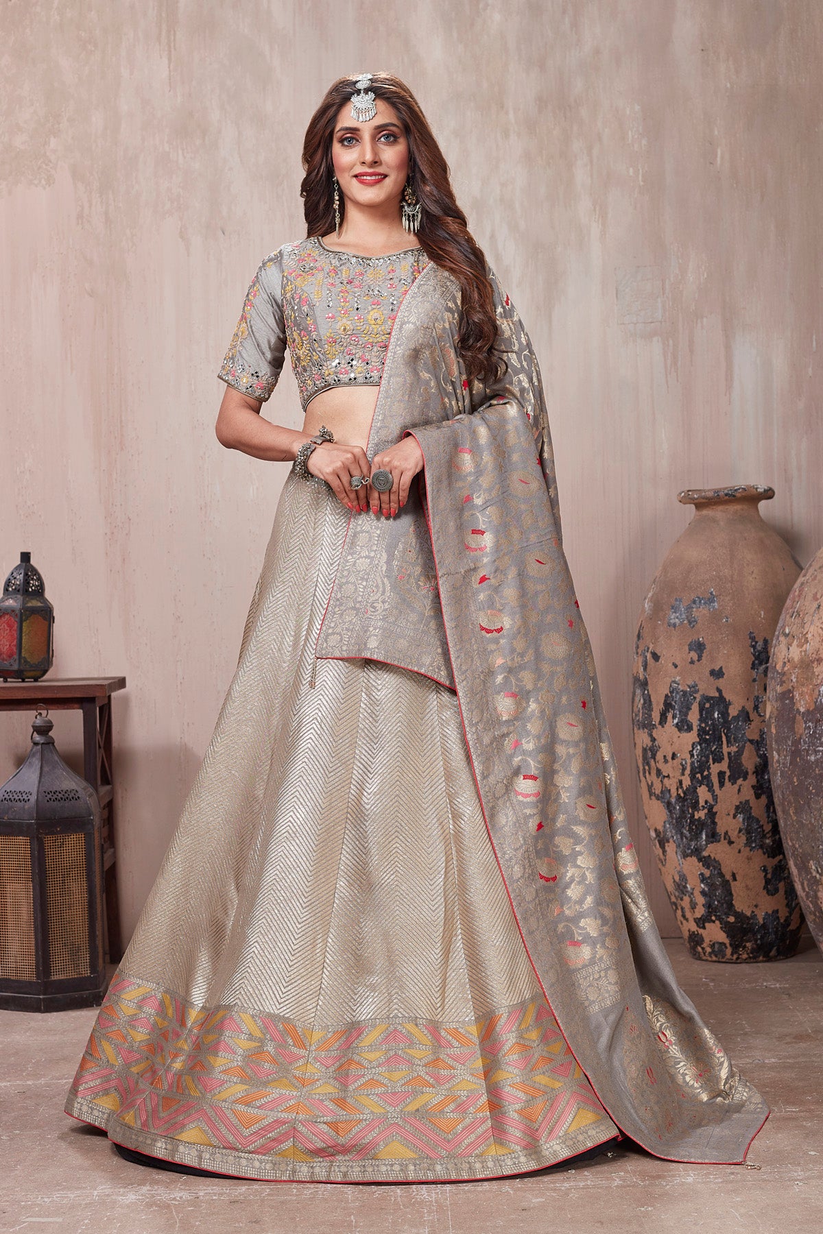 Buy beautiful grey embroidered lehenga online in USA with dupatta. Get set for weddings and festive occasions in exclusive designer Anarkali suits, wedding gown, salwar suits, gharara suits, Indowestern dresses from Pure Elegance Indian fashion store in USA.-full view