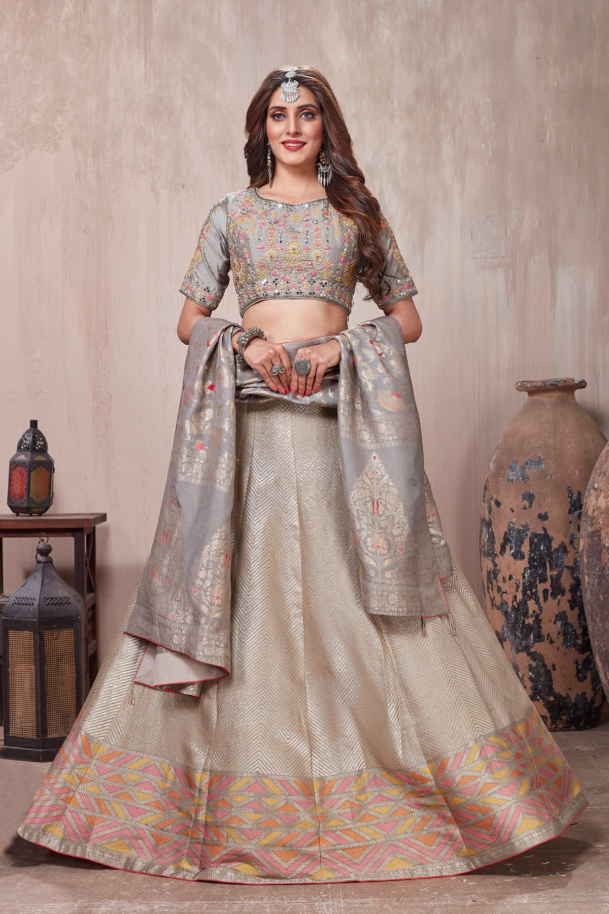 Buy beautiful grey embroidered lehenga online in USA with dupatta. Get set for weddings and festive occasions in exclusive designer Anarkali suits, wedding gown, salwar suits, gharara suits, Indowestern dresses from Pure Elegance Indian fashion store in USA.-dupatta
