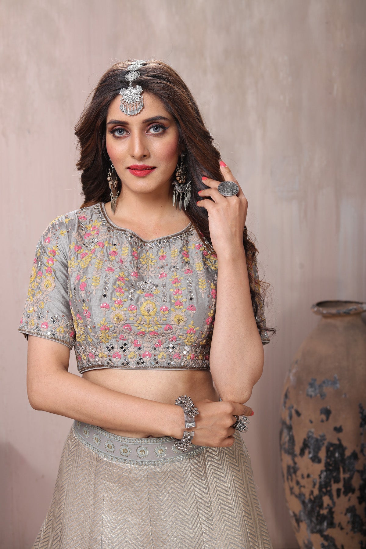 Buy beautiful grey embroidered lehenga online in USA with dupatta. Get set for weddings and festive occasions in exclusive designer Anarkali suits, wedding gown, salwar suits, gharara suits, Indowestern dresses from Pure Elegance Indian fashion store in USA.-closeup