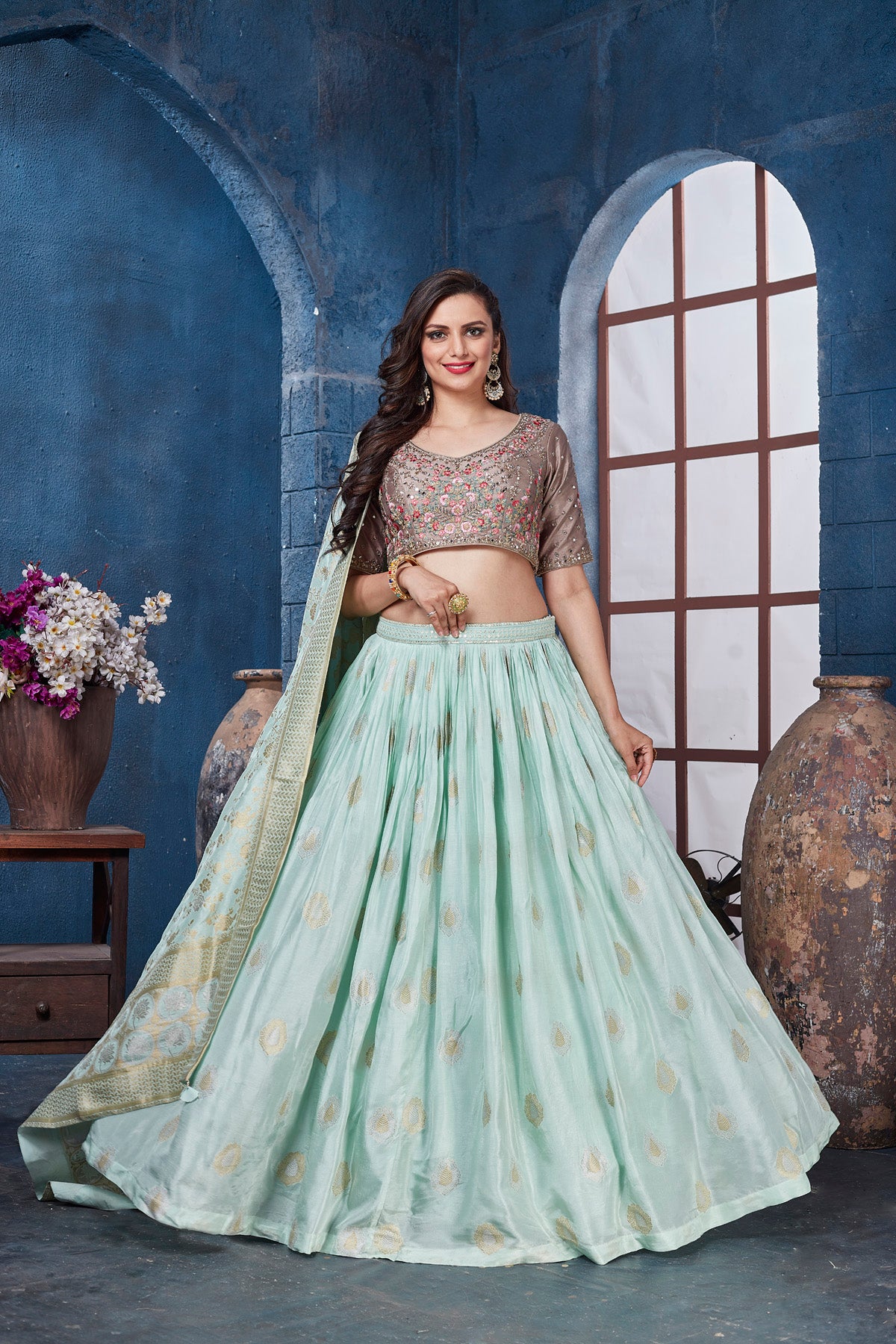 Shop beige and mint green embroidered designer lehenga online in USA. Get set for weddings and festive occasions in exclusive designer Anarkali suits, wedding gown, salwar suits, gharara suits, Indowestern dresses from Pure Elegance Indian fashion store in USA.-full view