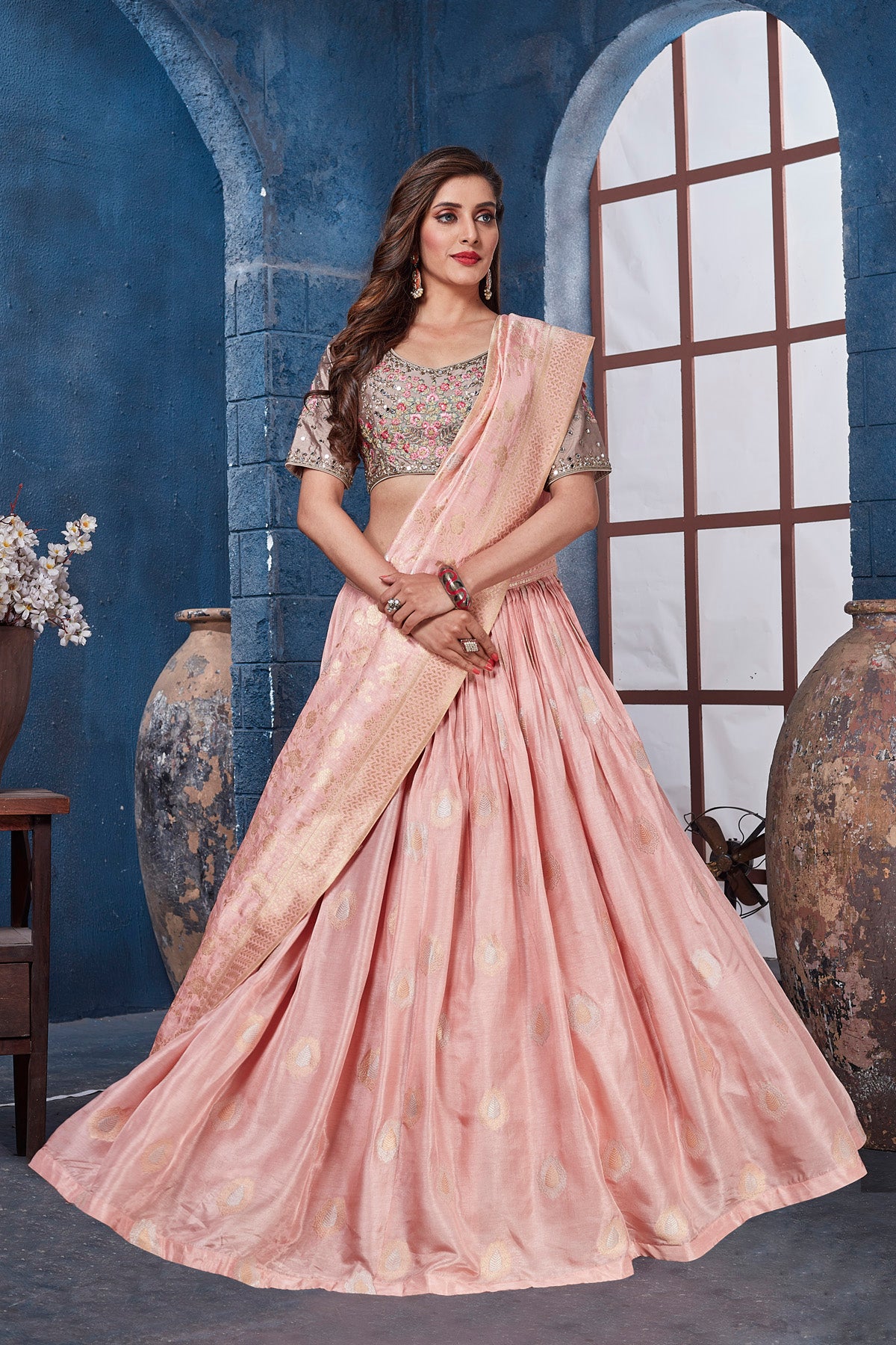Buy gorgeous peach and beige embroidered designer lehenga online in USA with dupatta. Get set for weddings and festive occasions in exclusive designer Anarkali suits, wedding gown, salwar suits, gharara suits, Indowestern dresses from Pure Elegance Indian fashion store in USA.-full view
