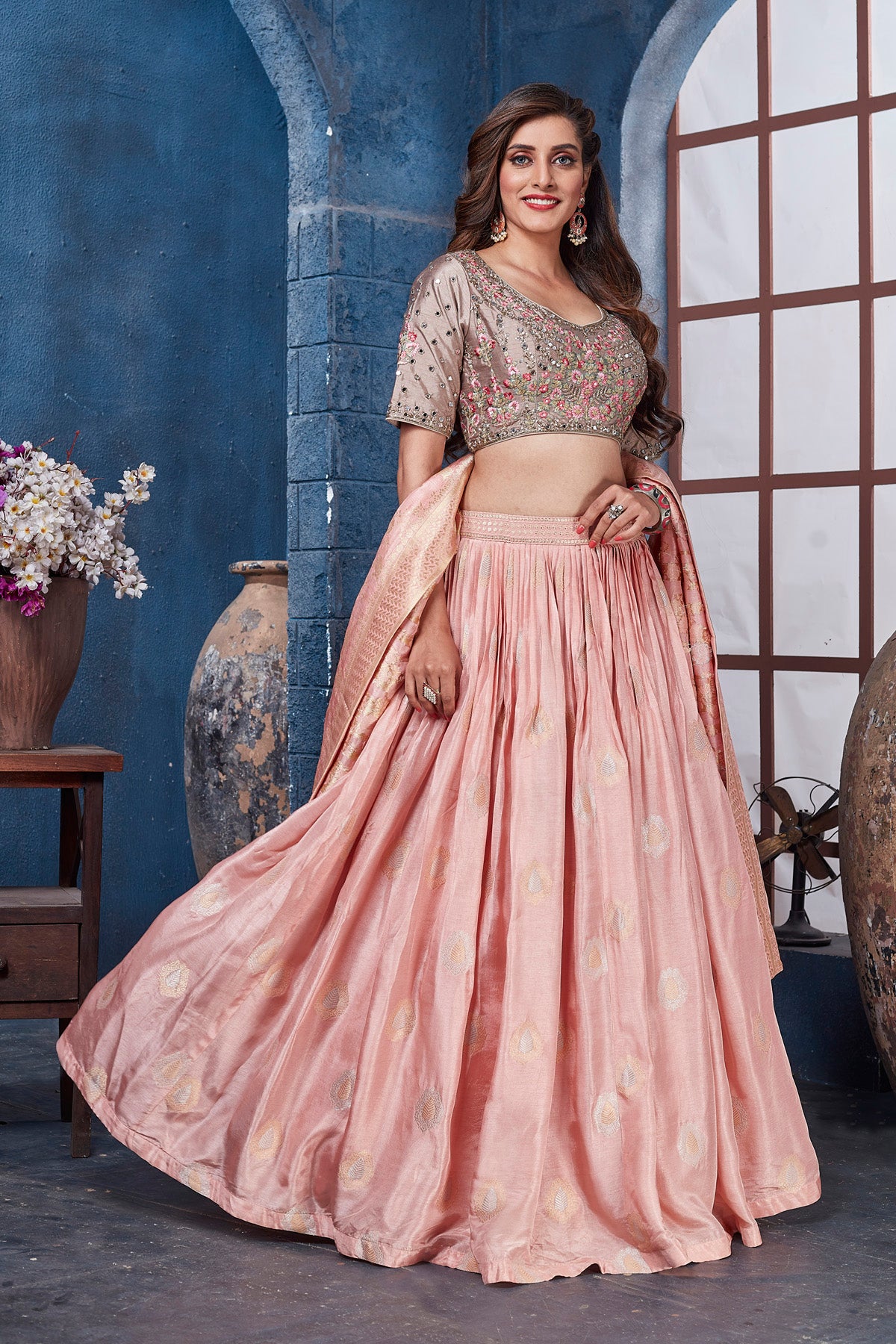 Buy gorgeous peach and beige embroidered designer lehenga online in USA with dupatta. Get set for weddings and festive occasions in exclusive designer Anarkali suits, wedding gown, salwar suits, gharara suits, Indowestern dresses from Pure Elegance Indian fashion store in USA.-right