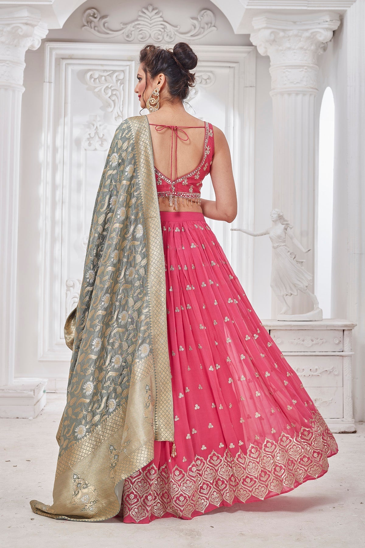 Buy beautiful pink embroidered lehenga online in USA with green dupatta. Get set for weddings and festive occasions in exclusive designer Anarkali suits, wedding gown, salwar suits, gharara suits, Indowestern dresses from Pure Elegance Indian fashion store in USA.-back