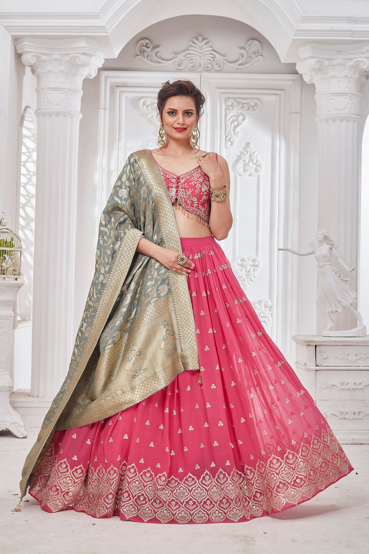 Buy beautiful pink embroidered lehenga online in USA with green dupatta. Get set for weddings and festive occasions in exclusive designer Anarkali suits, wedding gown, salwar suits, gharara suits, Indowestern dresses from Pure Elegance Indian fashion store in USA.-full view