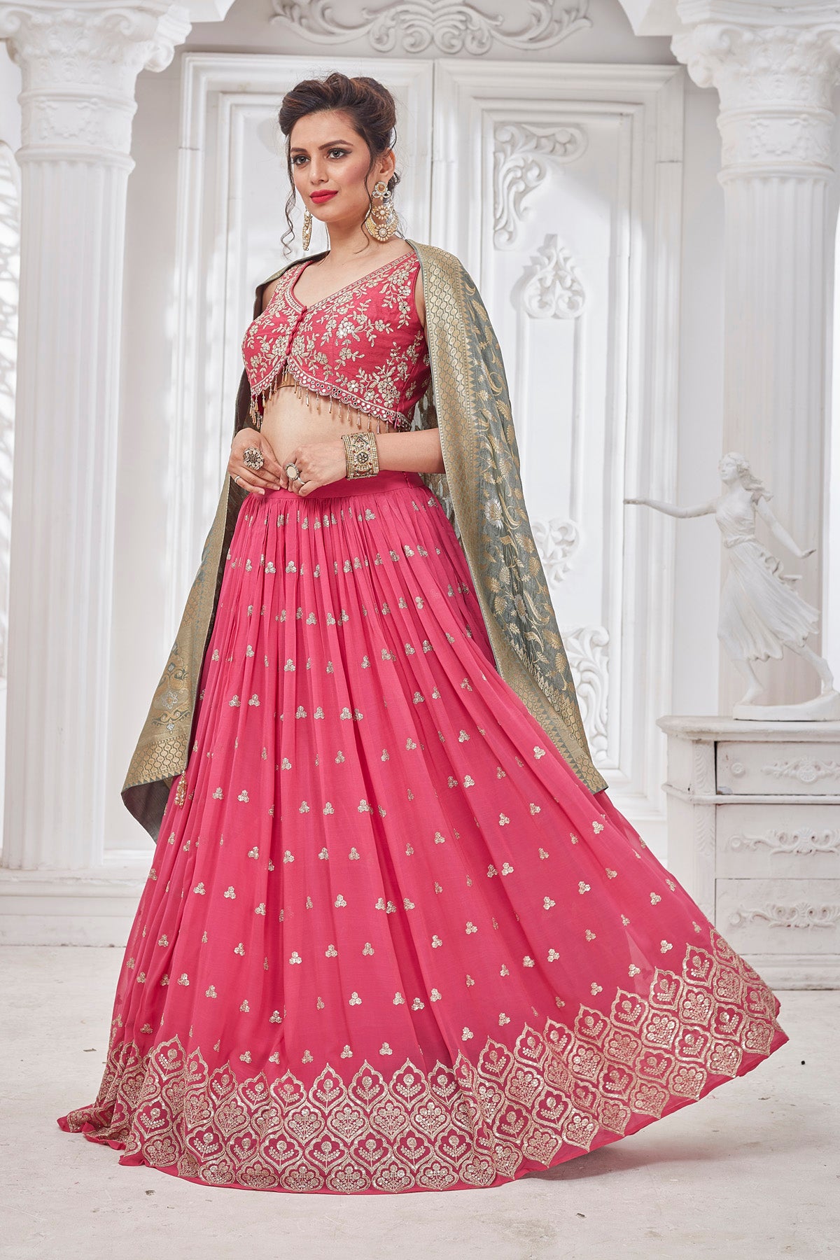 Buy beautiful pink embroidered lehenga online in USA with green dupatta. Get set for weddings and festive occasions in exclusive designer Anarkali suits, wedding gown, salwar suits, gharara suits, Indowestern dresses from Pure Elegance Indian fashion store in USA.-right