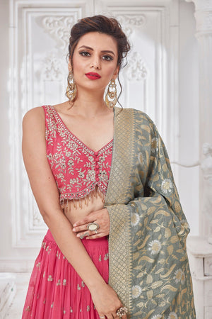 Buy beautiful pink embroidered lehenga online in USA with green dupatta. Get set for weddings and festive occasions in exclusive designer Anarkali suits, wedding gown, salwar suits, gharara suits, Indowestern dresses from Pure Elegance Indian fashion store in USA.-closeup