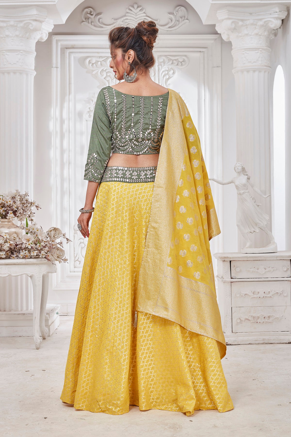 Buy beautiful yellow and green embroidered designer lehenga online in USA with dupatta. Get set for weddings and festive occasions in exclusive designer Anarkali suits, wedding gown, salwar suits, gharara suits, Indowestern dresses from Pure Elegance Indian fashion store in USA.-back