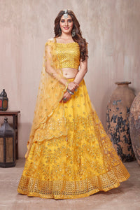 Buy beautiful yellow embroidered designer lehenga online in USA with dupatta. Get set for weddings and festive occasions in exclusive designer Anarkali suits, wedding gown, salwar suits, gharara suits, Indowestern dresses from Pure Elegance Indian fashion store in USA.-full view