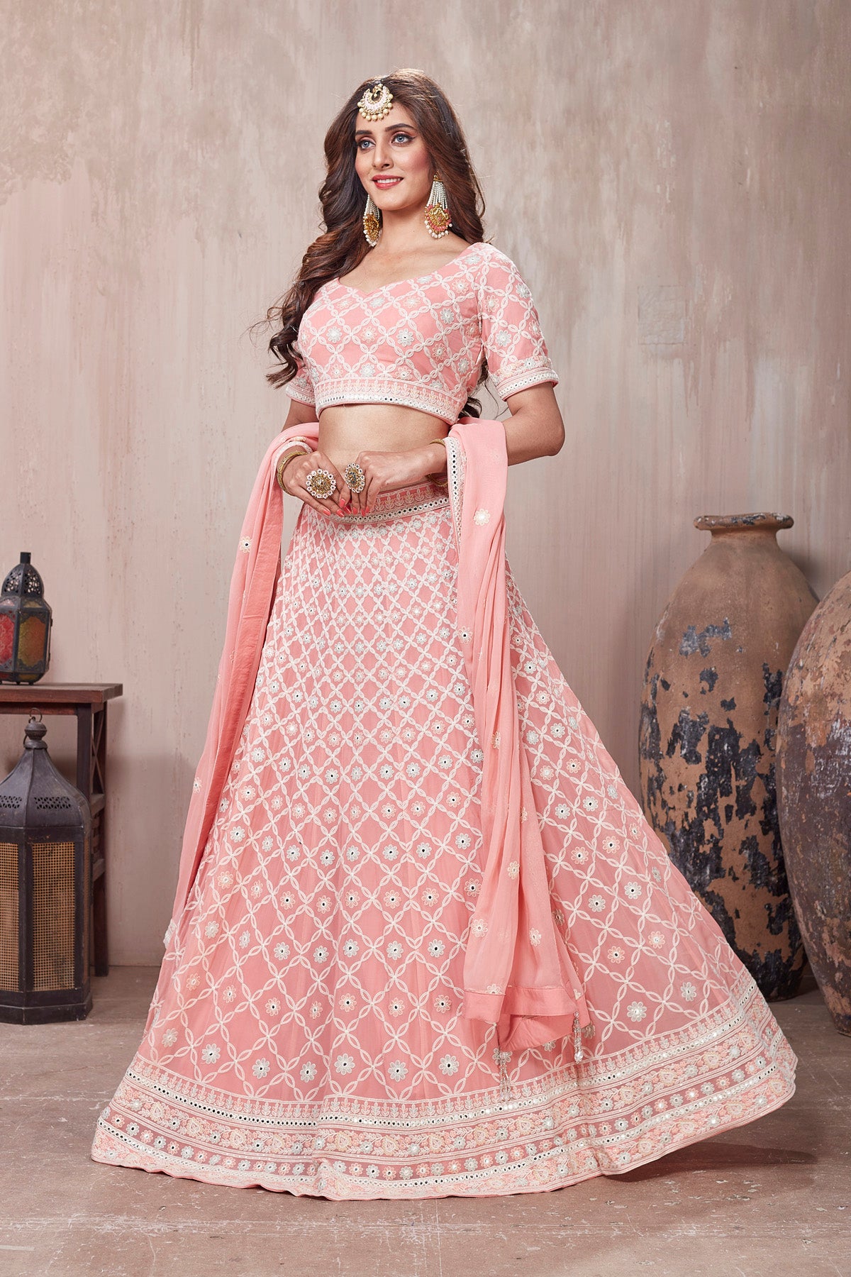 Shop stunning pastel pink embroidered designer lehenga online in USA with dupatta. Get set for weddings and festive occasions in exclusive designer Anarkali suits, wedding gown, salwar suits, gharara suits, Indowestern dresses from Pure Elegance Indian fashion store in USA.-right