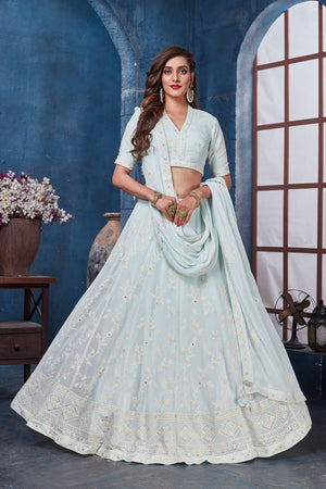 Buy gorgeous powder blue embroidered designer lehenga online in USA with dupatta. Get set for weddings and festive occasions in exclusive designer Anarkali suits, wedding gown, salwar suits, gharara suits, Indowestern dresses from Pure Elegance Indian fashion store in USA.-front