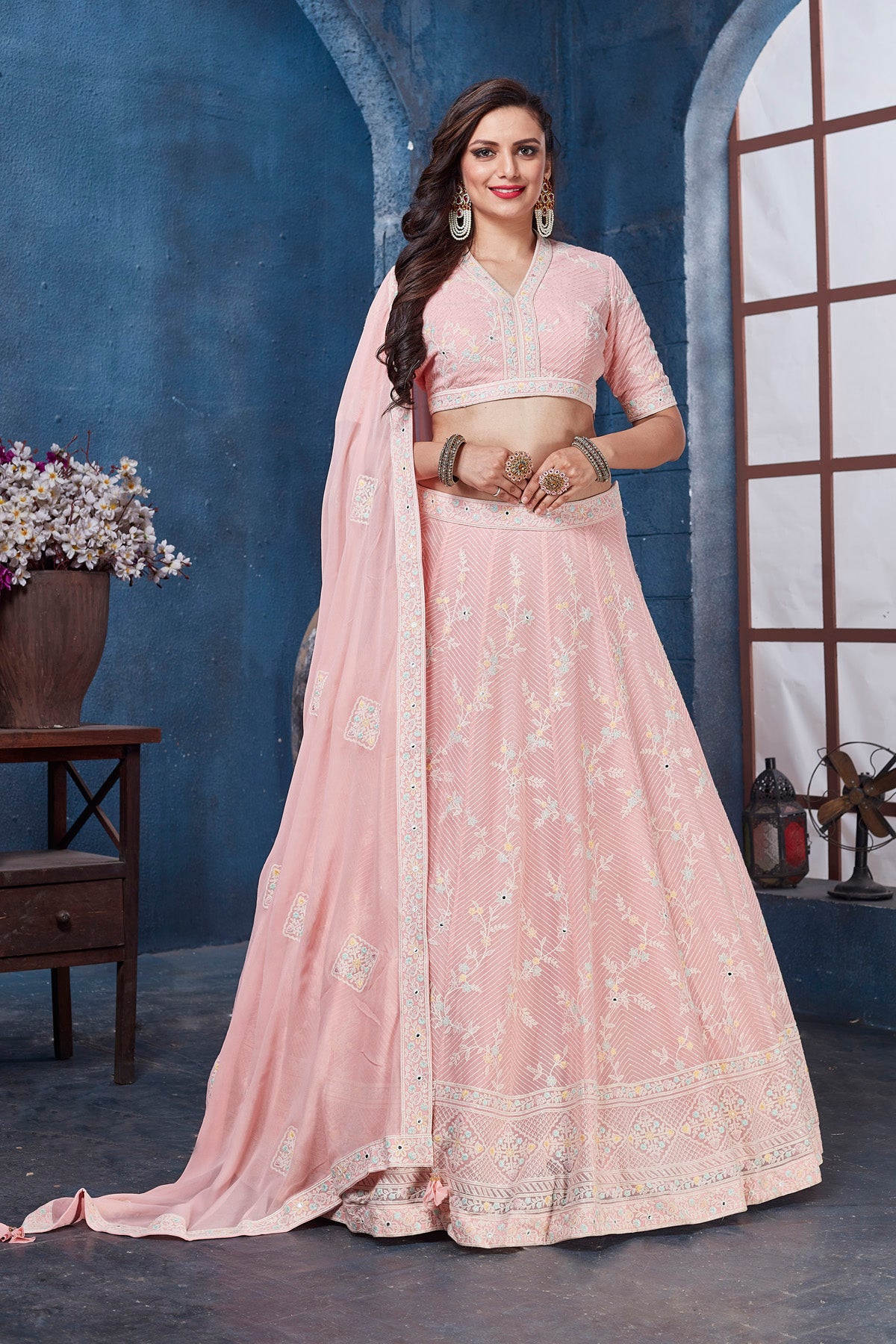 Buy stunning pastel pink embroidered designer lehenga online in USA. Get set for weddings and festive occasions in exclusive designer Anarkali suits, wedding gown, salwar suits, gharara suits, Indowestern dresses from Pure Elegance Indian fashion store in USA.-full view