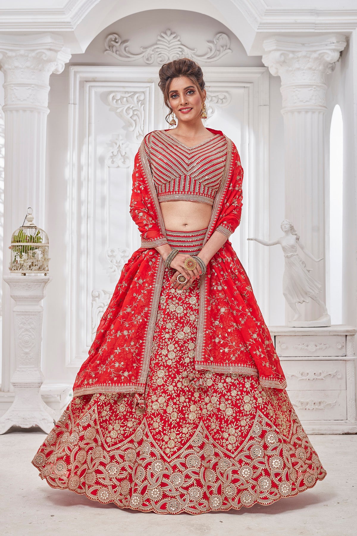Shop stunning red embroidered bridal lehenga online in USA with dupatta. Get set for weddings and festive occasions in exclusive designer Anarkali suits, wedding gown, salwar suits, gharara suits, Indowestern dresses from Pure Elegance Indian fashion store in USA.-full view