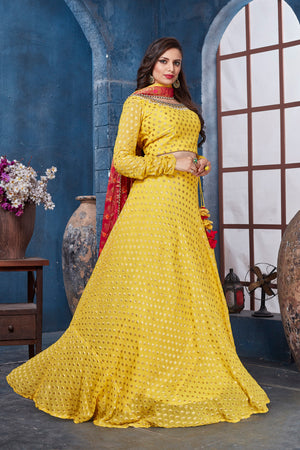 Buy stunning yellow designer lehenga online in USA with red dupatta. Get set for weddings and festive occasions in exclusive designer Anarkali suits, wedding gown, salwar suits, gharara suits, Indowestern dresses from Pure Elegance Indian fashion store in USA.-right