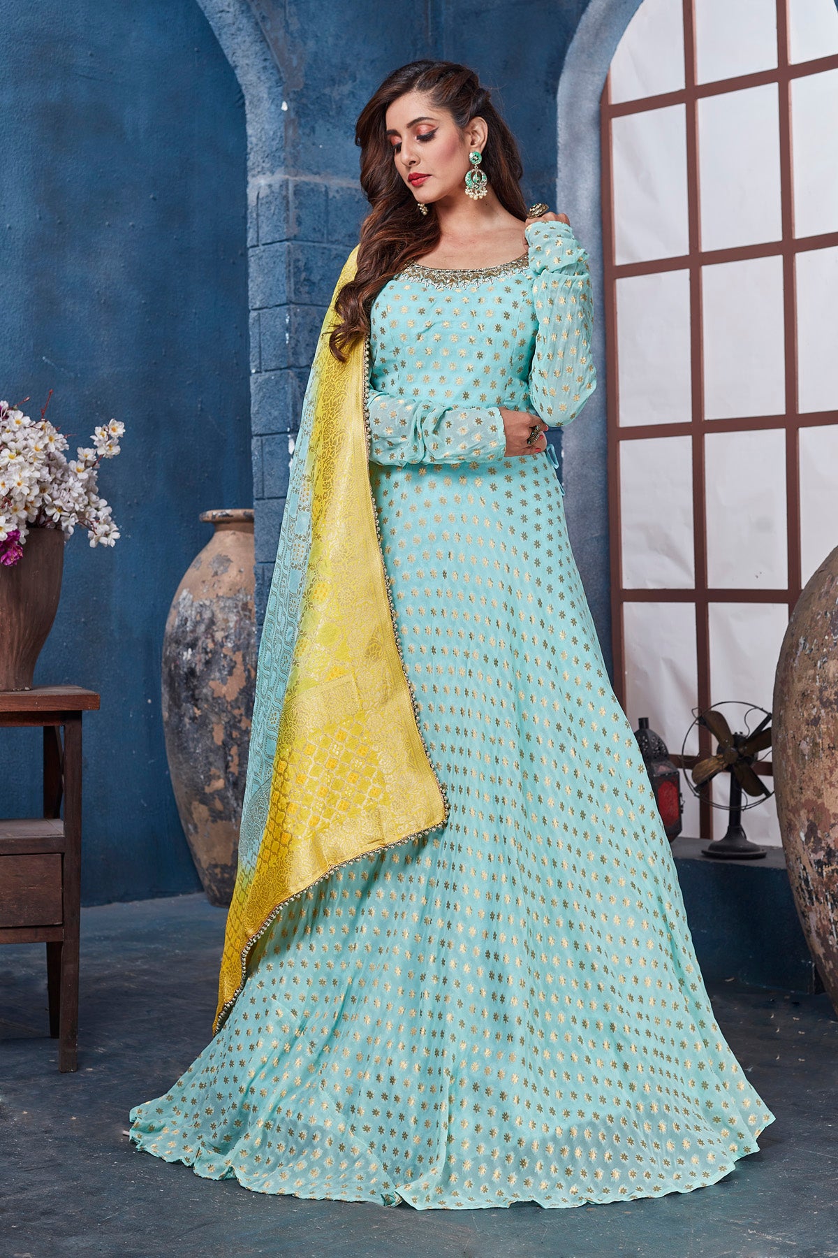 Buy gorgeous light blue embroidered designer lehenga online in USA with yellow dupatta. Get set for weddings and festive occasions in exclusive designer Anarkali suits, wedding gown, salwar suits, gharara suits, Indowestern dresses from Pure Elegance Indian fashion store in USA.-full view
