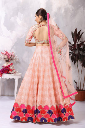 Buy stunning light pink embroidered designer lehenga online in USA. Be the center of attraction on special occasion in beautiful designer lehengas, bridal lehengas, palazzo suits, sharara suits, Anarkali suits, gowns from Pure Elegance Indian fashion store in USA.-back