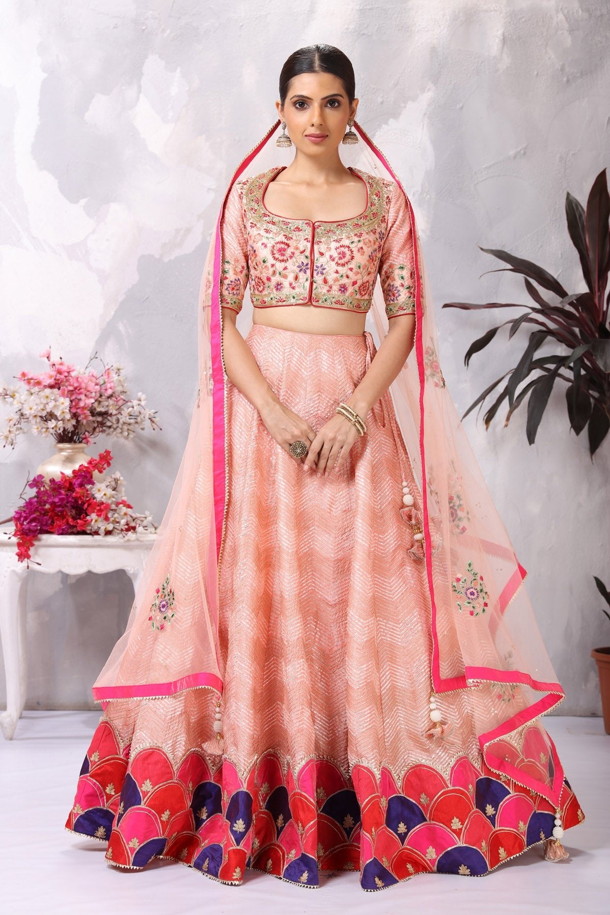 Buy stunning light pink embroidered designer lehenga online in USA. Be the center of attraction on special occasion in beautiful designer lehengas, bridal lehengas, palazzo suits, sharara suits, Anarkali suits, gowns from Pure Elegance Indian fashion store in USA.-full view