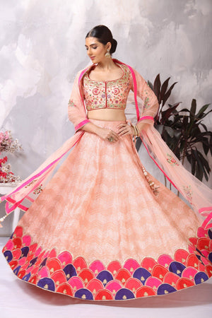 Buy stunning light pink embroidered designer lehenga online in USA. Be the center of attraction on special occasion in beautiful designer lehengas, bridal lehengas, palazzo suits, sharara suits, Anarkali suits, gowns from Pure Elegance Indian fashion store in USA.-lehenga