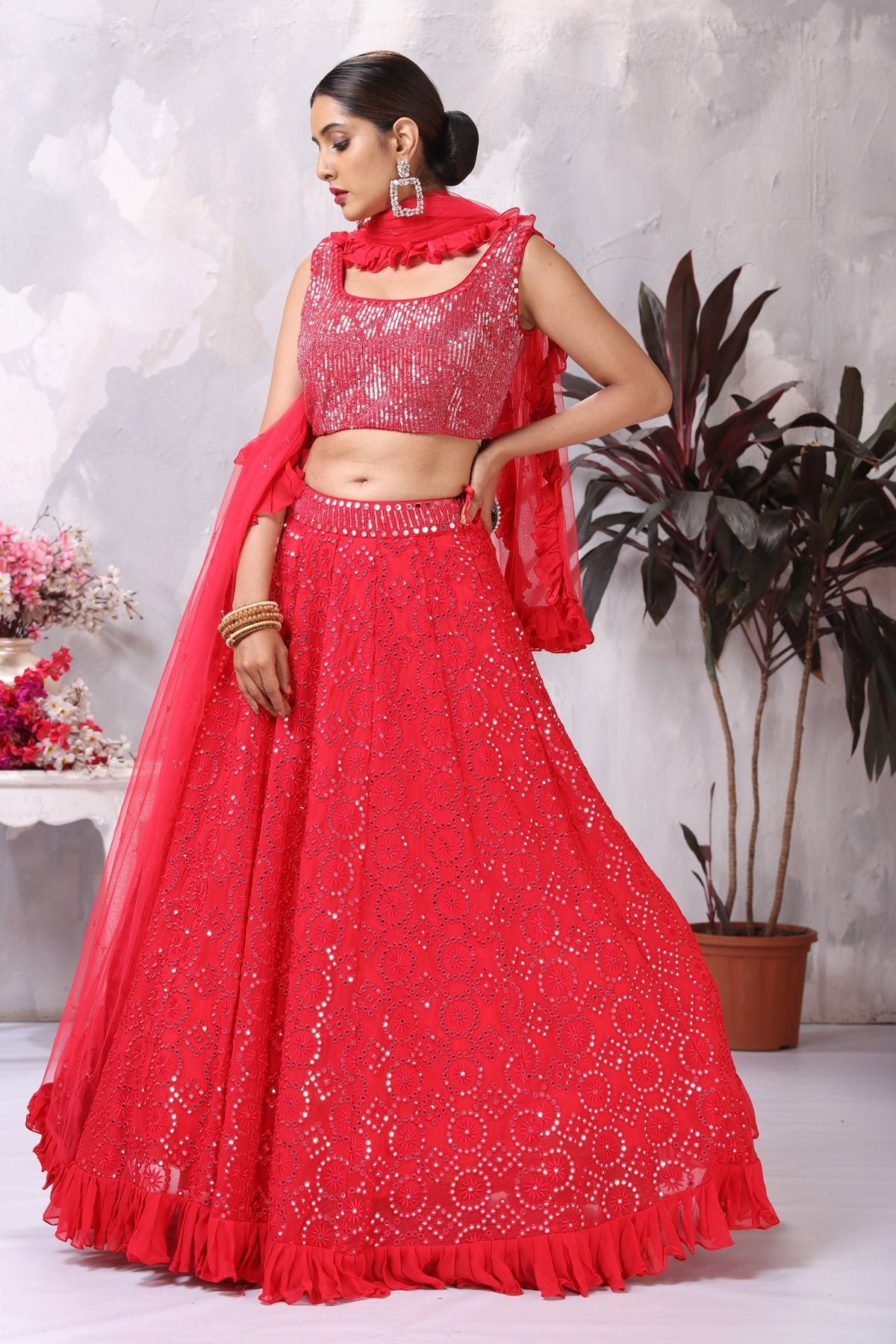 Shop stunning pink mirror work lehenga online in USA with ruffle dupatta. Be the center of attraction on special occasion in beautiful designer lehengas, bridal lehengas, palazzo suits, sharara suits, Anarkali suits, gowns from Pure Elegance Indian fashion store in USA.-side