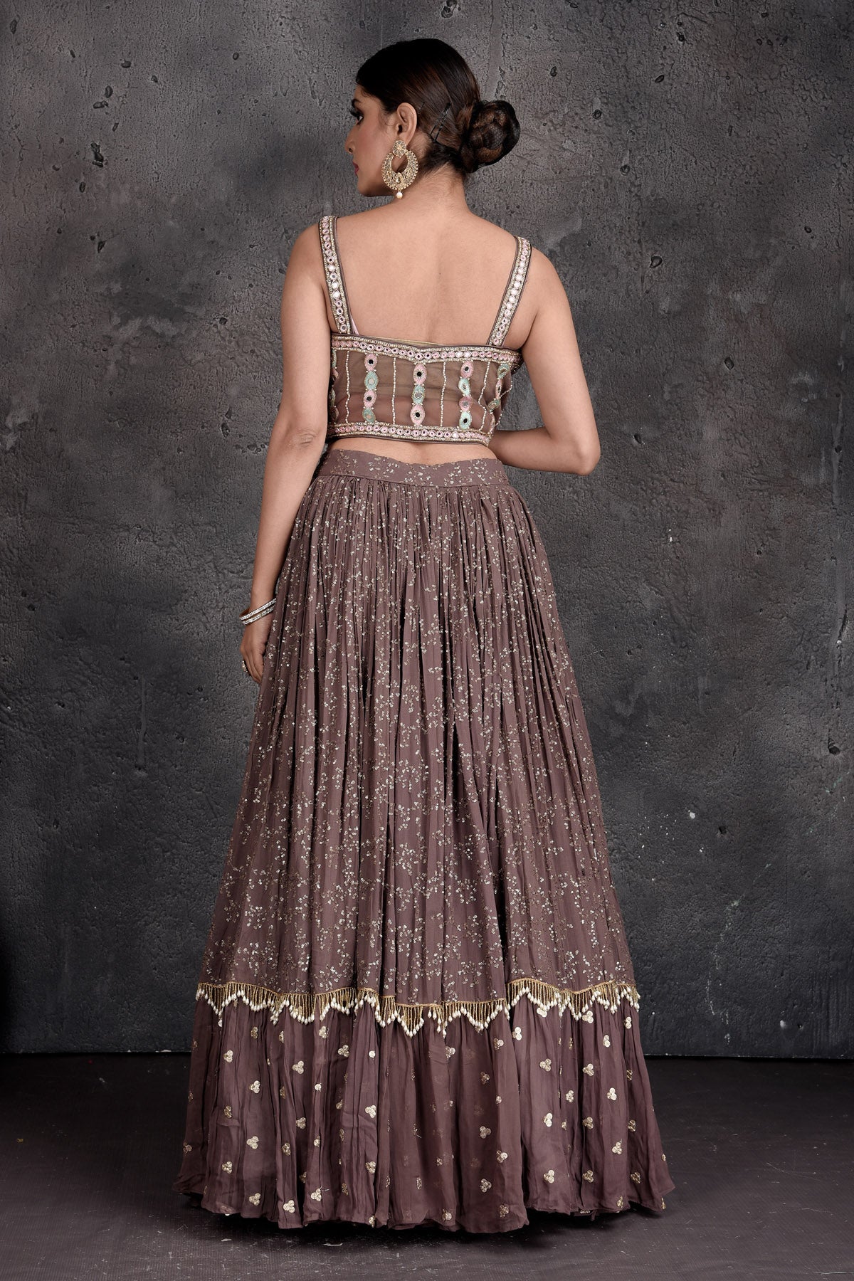 Buy beautiful brown mirror work lehenga online in USA with pink dupatta. Get set for weddings and festive occasions in exclusive designer Anarkali suits, wedding gown, salwar suits, gharara suits, Indowestern dresses from Pure Elegance Indian fashion store in USA.-back