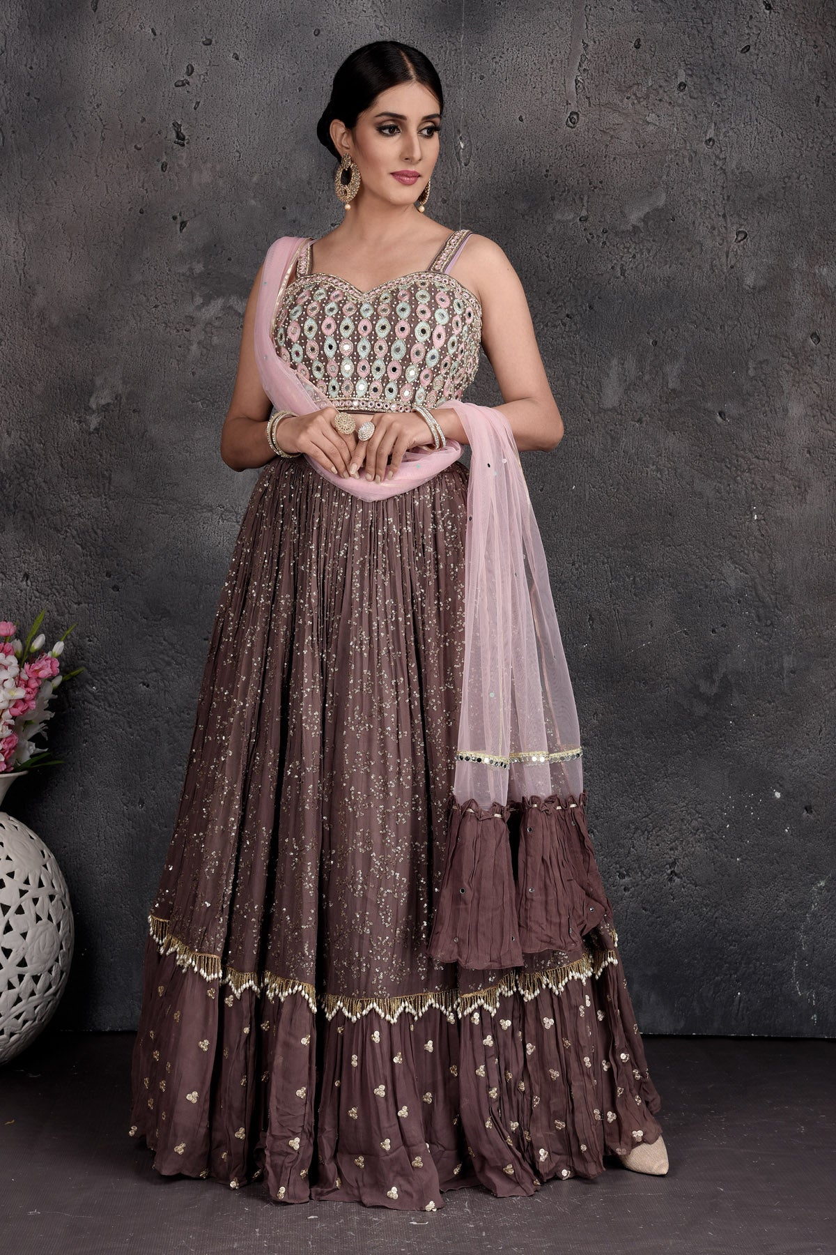Buy beautiful brown mirror work lehenga online in USA with pink dupatta. Get set for weddings and festive occasions in exclusive designer Anarkali suits, wedding gown, salwar suits, gharara suits, Indowestern dresses from Pure Elegance Indian fashion store in USA.-full view