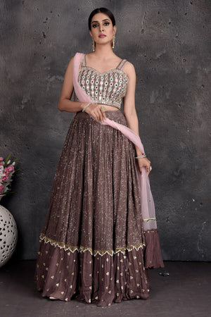 Buy beautiful brown mirror work lehenga online in USA with pink dupatta. Get set for weddings and festive occasions in exclusive designer Anarkali suits, wedding gown, salwar suits, gharara suits, Indowestern dresses from Pure Elegance Indian fashion store in USA.-front