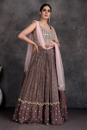 Buy beautiful brown mirror work lehenga online in USA with pink dupatta. Get set for weddings and festive occasions in exclusive designer Anarkali suits, wedding gown, salwar suits, gharara suits, Indowestern dresses from Pure Elegance Indian fashion store in USA.-side