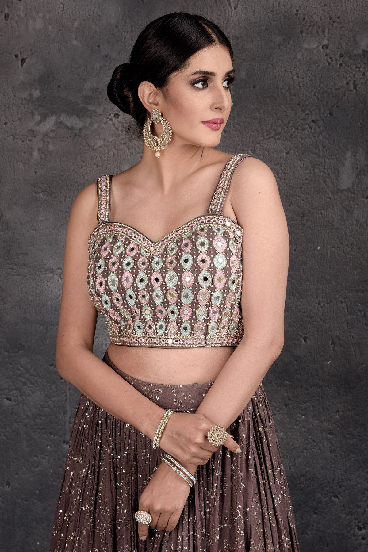 Buy beautiful brown mirror work lehenga online in USA with pink dupatta. Get set for weddings and festive occasions in exclusive designer Anarkali suits, wedding gown, salwar suits, gharara suits, Indowestern dresses from Pure Elegance Indian fashion store in USA.-closeup