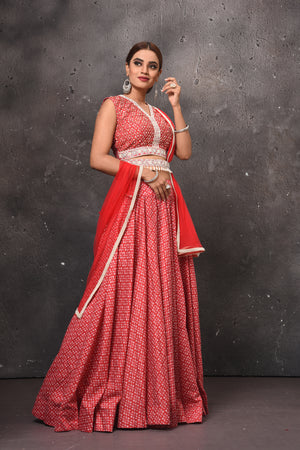 Buy stunning red printed lehenga online in USA with embellished belt. Get set for weddings and festive occasions in exclusive designer Anarkali suits, wedding gown, salwar suits, gharara suits, Indowestern dresses from Pure Elegance Indian fashion store in USA.-right