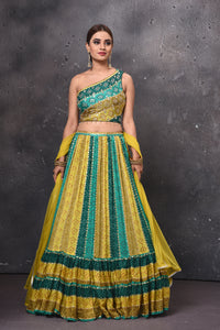 Buy beautiful green shaded stripes lehenga online in USA with dupatta. Get set for weddings and festive occasions in exclusive designer Anarkali suits, wedding gown, salwar suits, gharara suits, Indowestern dresses from Pure Elegance Indian fashion store in USA.-full view