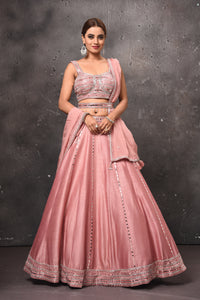 Shop stunning dusty pink mirror work belted lehenga online in USA with dupatta. Get set for weddings and festive occasions in exclusive designer Anarkali suits, wedding gown, salwar suits, gharara suits, Indowestern dresses from Pure Elegance Indian fashion store in USA.-full view