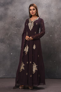 Shop stunning coffee brown embroidered Anarkali suit online in USA with dupatta. Get set for weddings and festive occasions in exclusive designer Anarkali suits, wedding gown, salwar suits, gharara suits, Indowestern dresses from Pure Elegance Indian fashion store in USA.-full view
